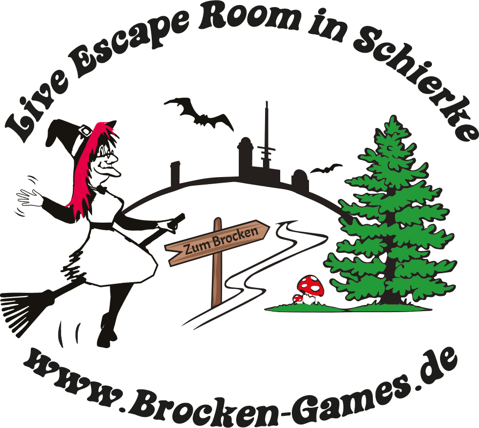 Brocken-Games Logo mit Hexe, Baum und Schild.