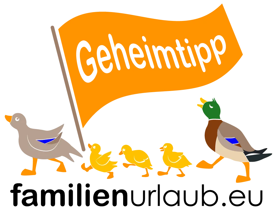 Entenfamilie trägt Geheimtipp-Banner, empfiehlt etwas Besonderes.