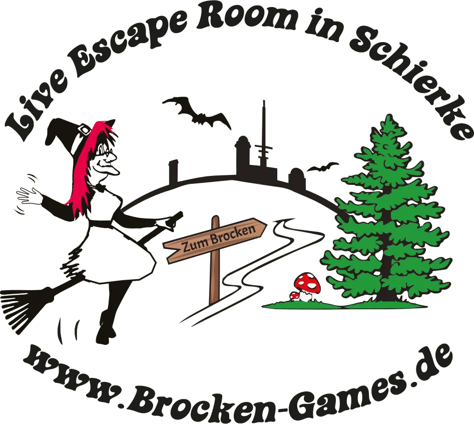 Brocken-Games Logo mit Hexe, Baum und Schild.