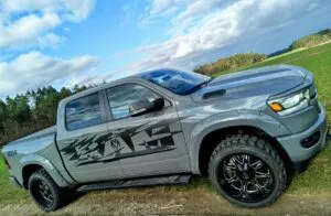 Grauer Geländewagen auf Wiese unter blauem Himmel