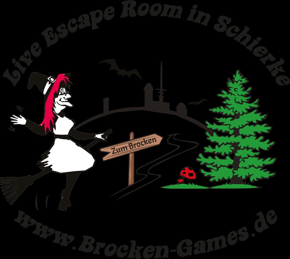Brocken-Games Logo mit Hexe, Baum und Schild.
